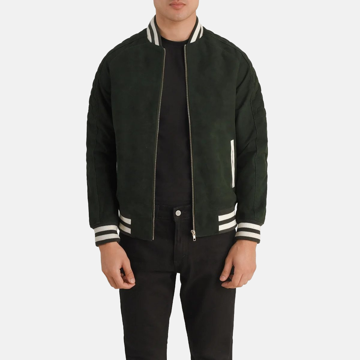 Men's Pascal Green Leather Varsity Bomber Jacket