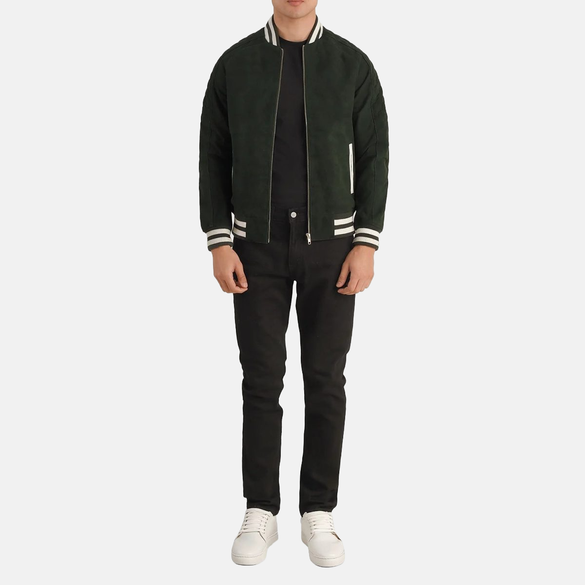 Men's Pascal Green Leather Varsity Bomber Jacket