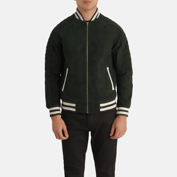 Men's Pascal Green Leather Varsity Bomber Jacket