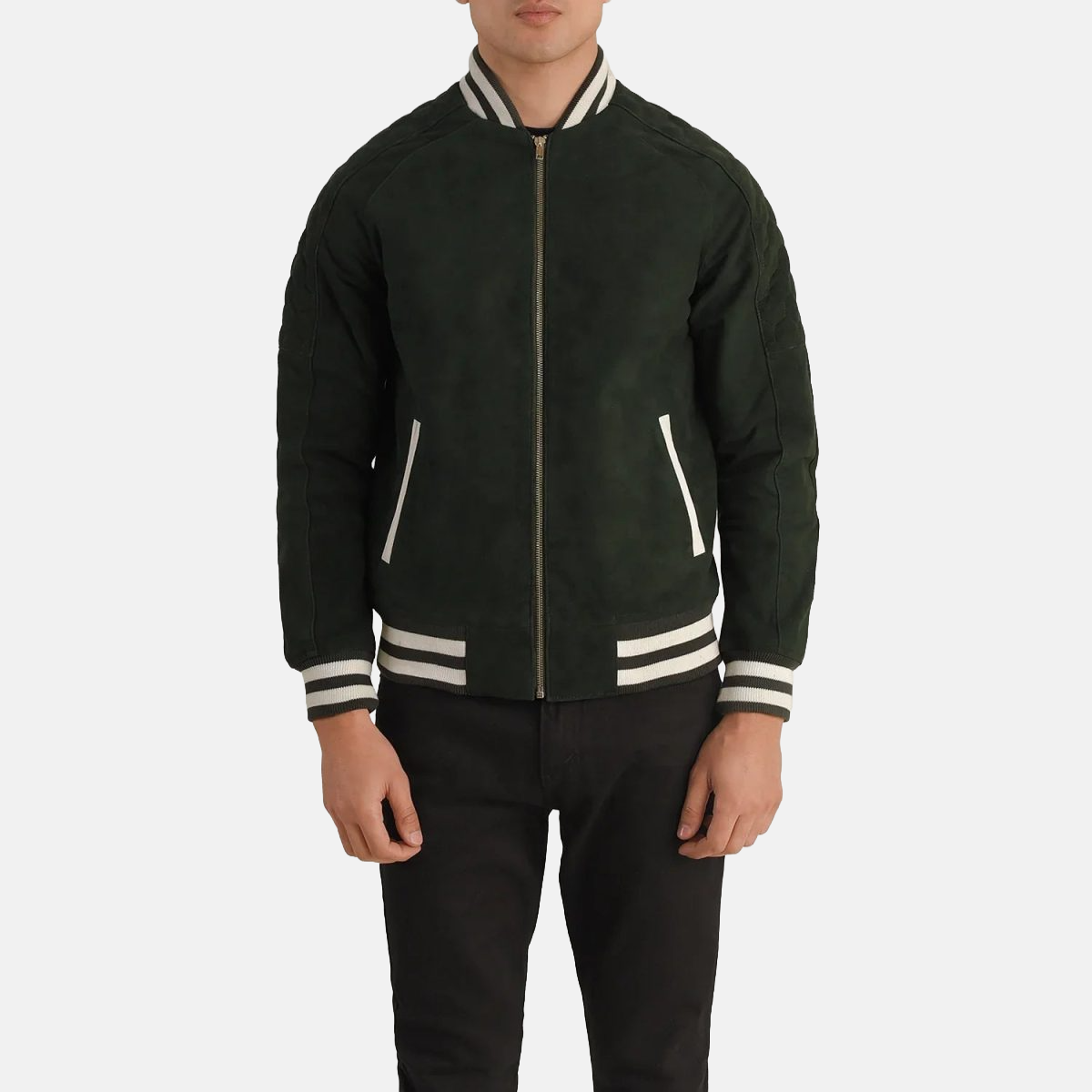 Men's Pascal Green Leather Varsity Bomber Jacket
