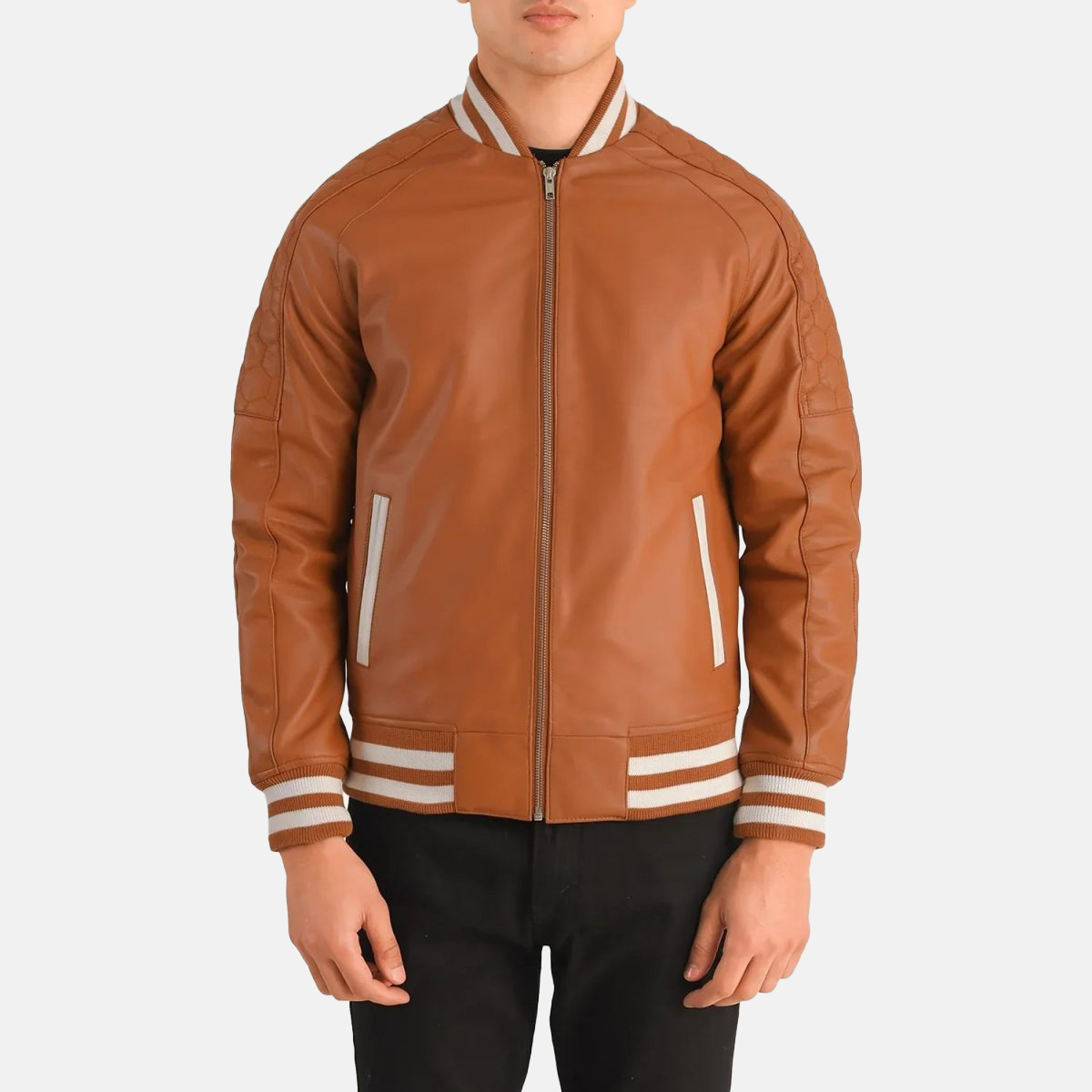 Men's Pascal Tan Brown Leather Varsity Bomber Leather Jacket