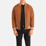 Men's Pascal Tan Brown Leather Varsity Bomber Leather Jacket