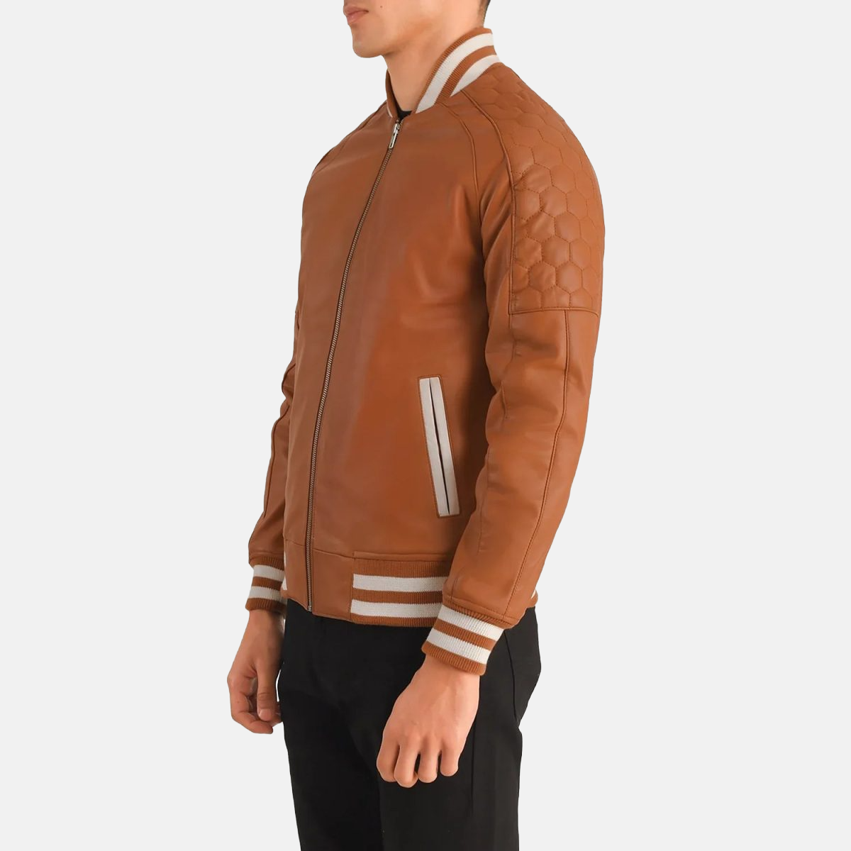 Men's Pascal Tan Brown Leather Varsity Bomber Leather Jacket