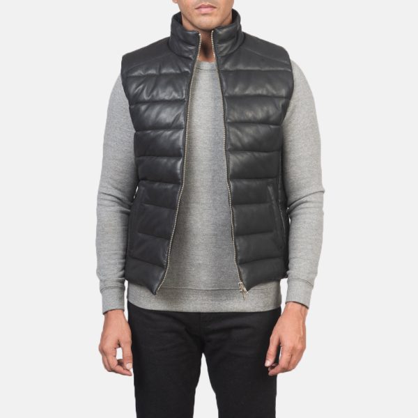 Men's Reeves Black Leather Puffer Vest