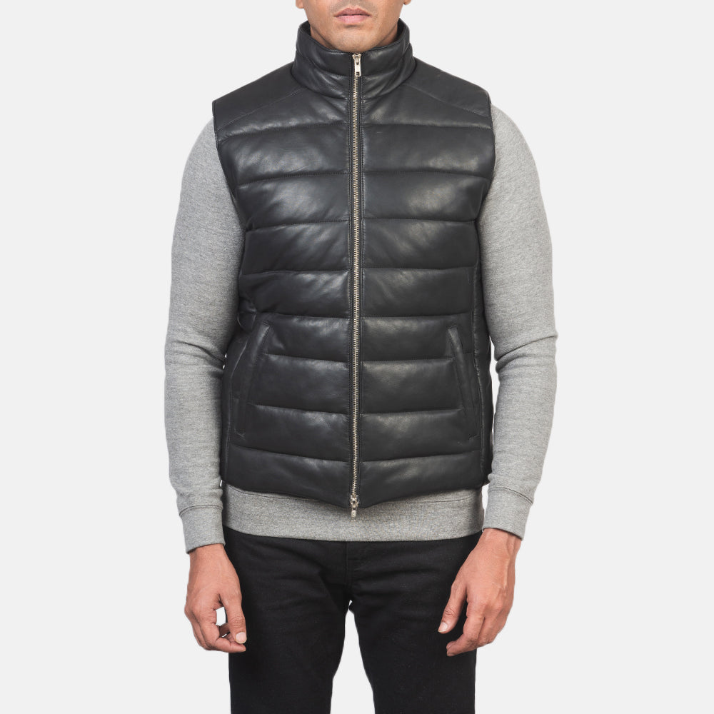 Men's Reeves Black Leather Puffer Vest
