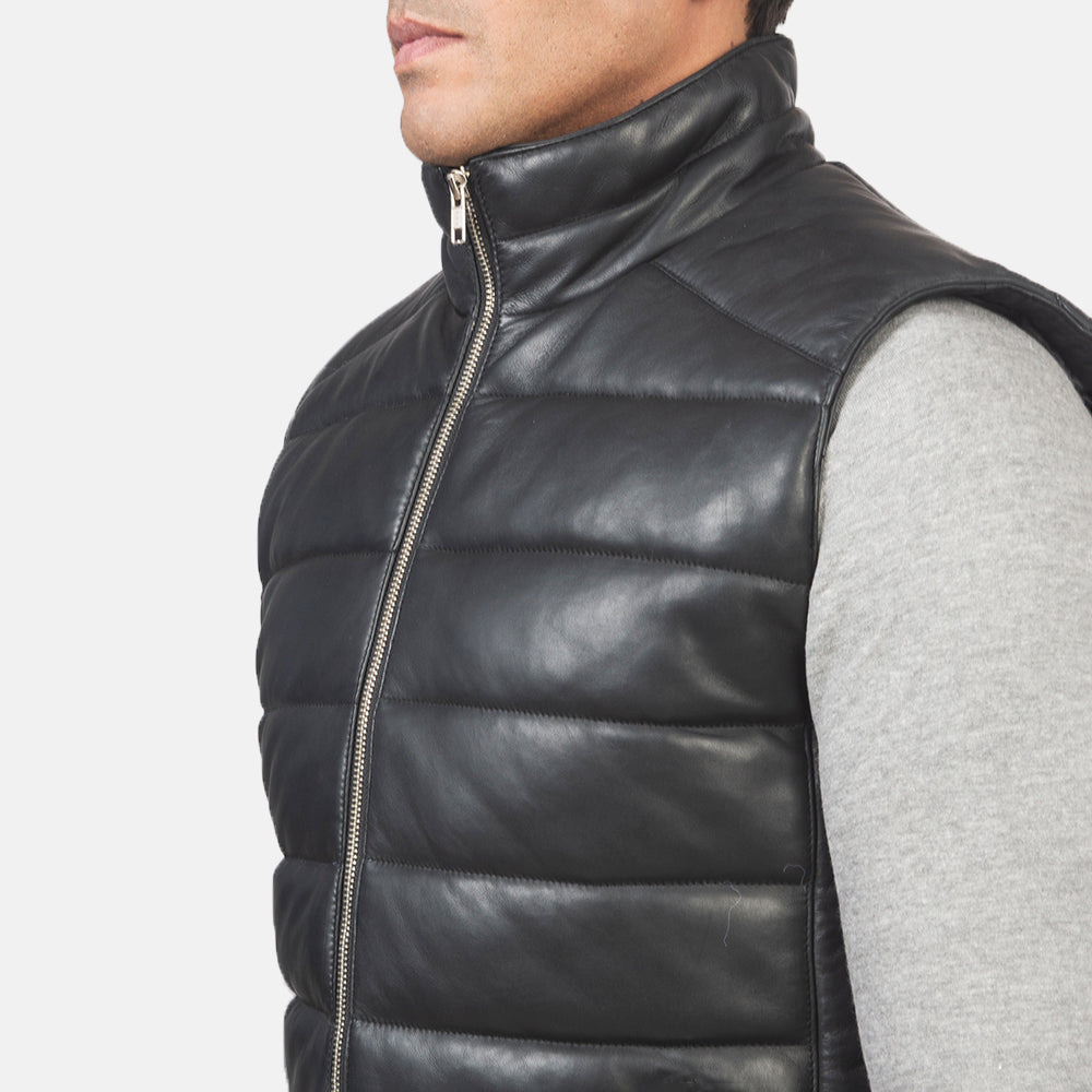 Men's Reeves Black Leather Puffer Vest