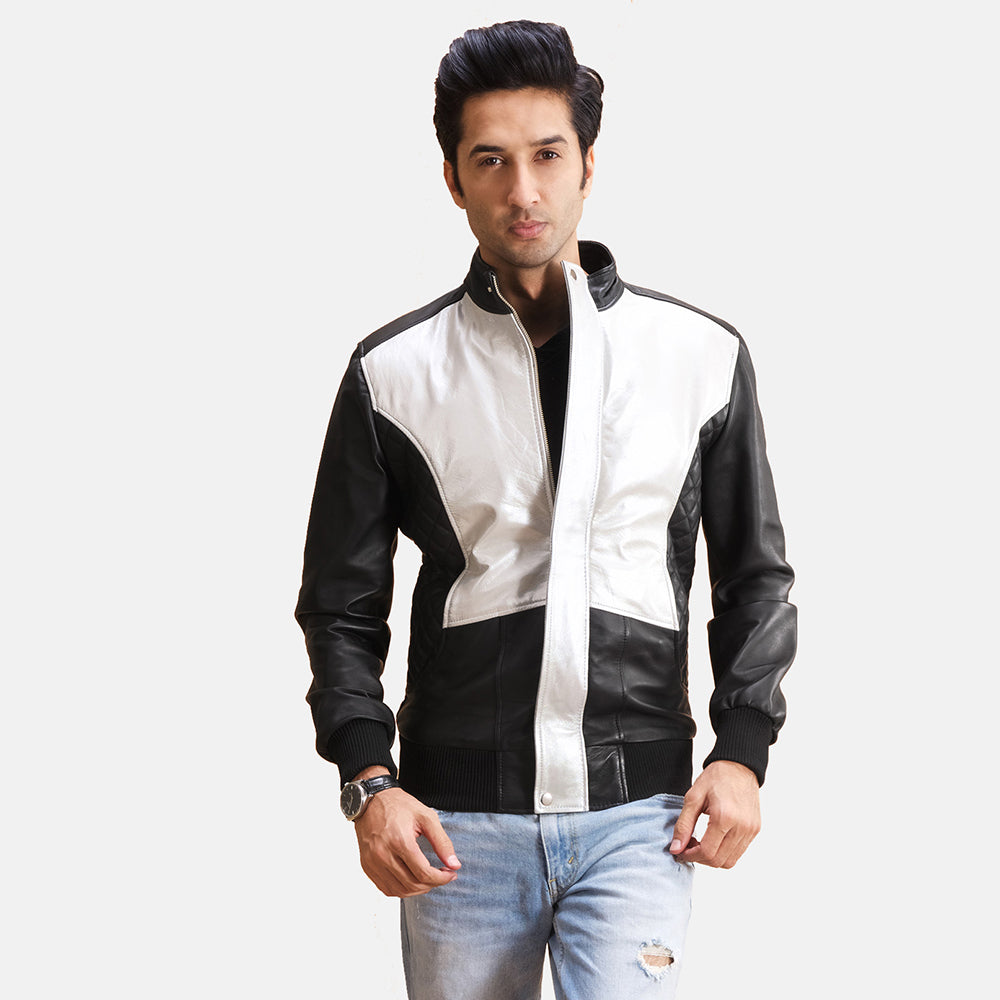 Men's Spade Silver Black Leather Bomber Jacket