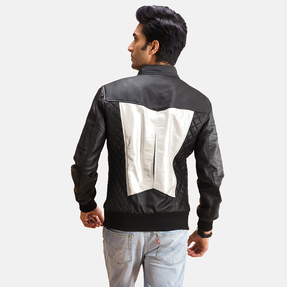 Men's Spade Silver Black Leather Bomber Jacket