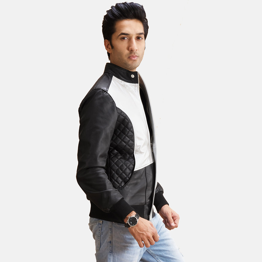 Men's Spade Silver Black Leather Bomber Jacket