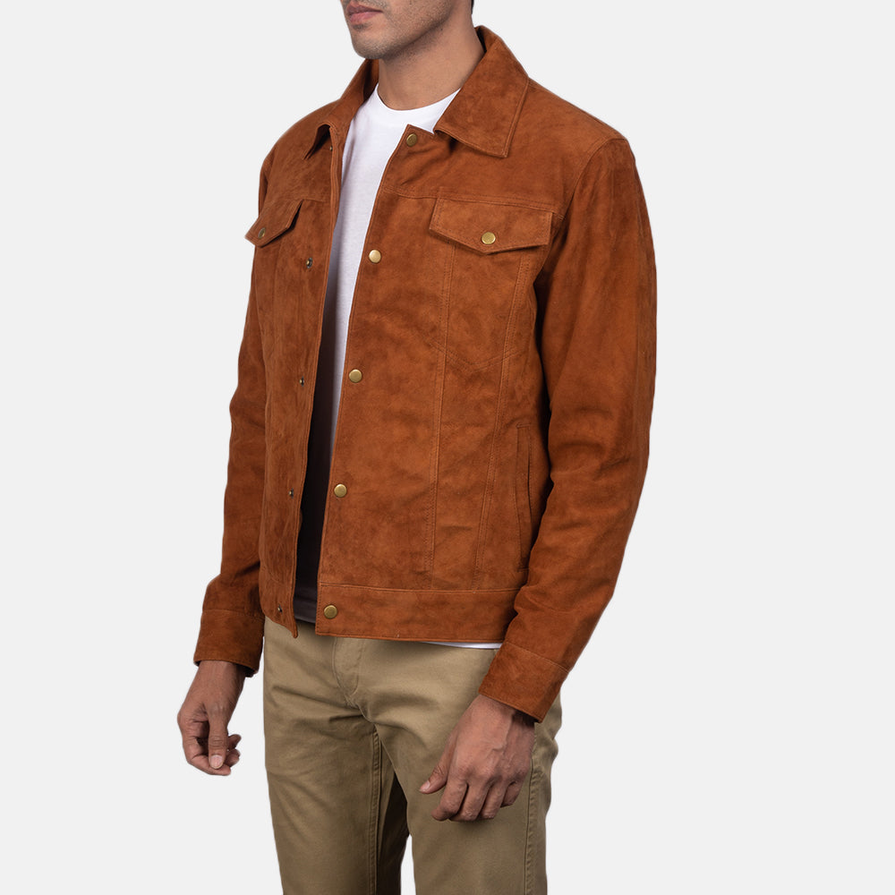 Men's Stallon Brown Suede Leather Trucker Jacket
