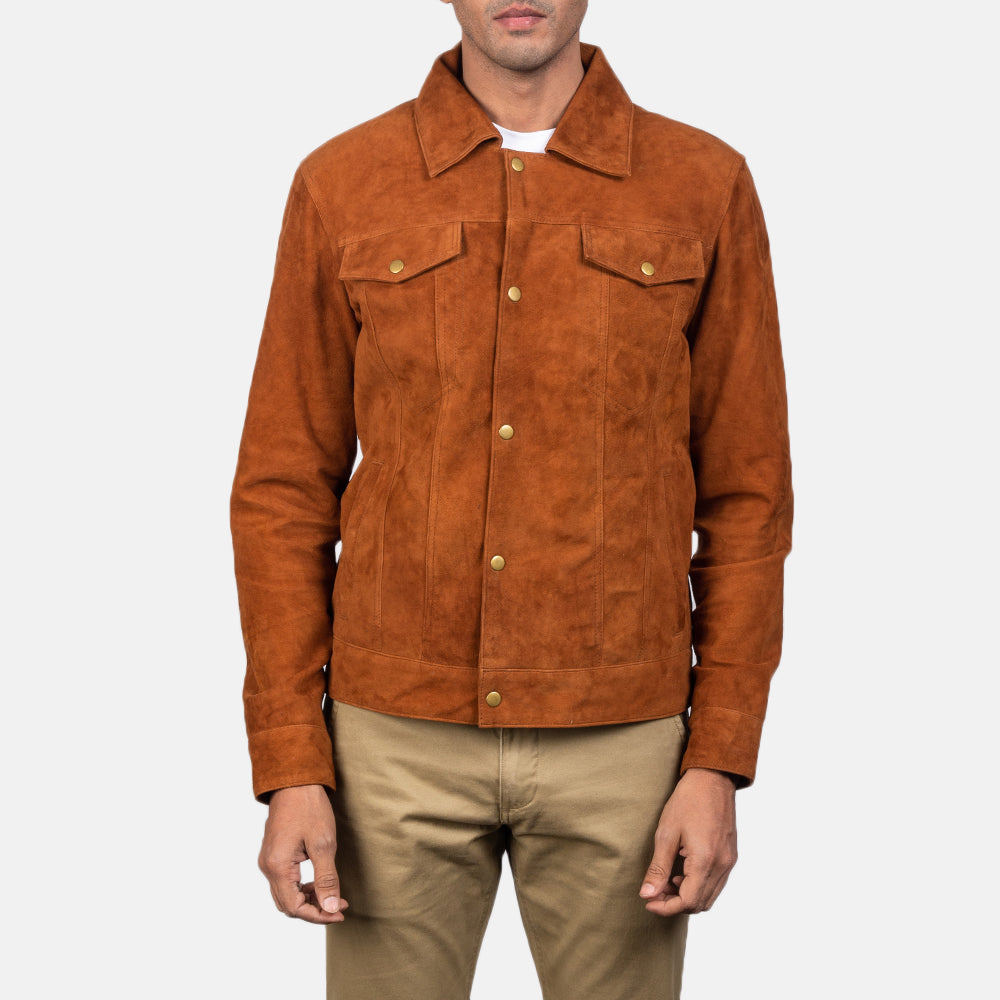 Men's Stallon Brown Suede Leather Trucker Jacket