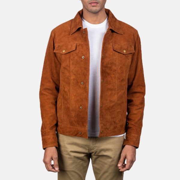 Men's Stallon Brown Suede Leather Trucker Jacket