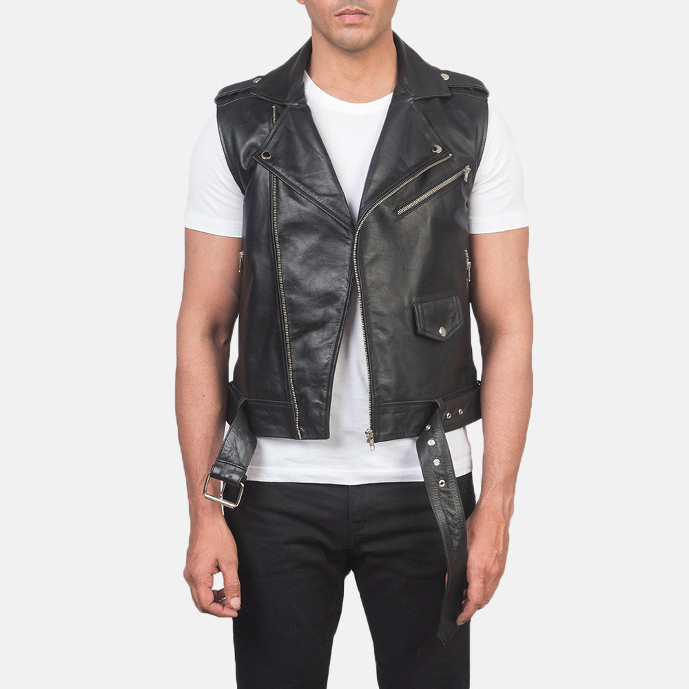 Men's Sullivan Black Leather Biker Vest