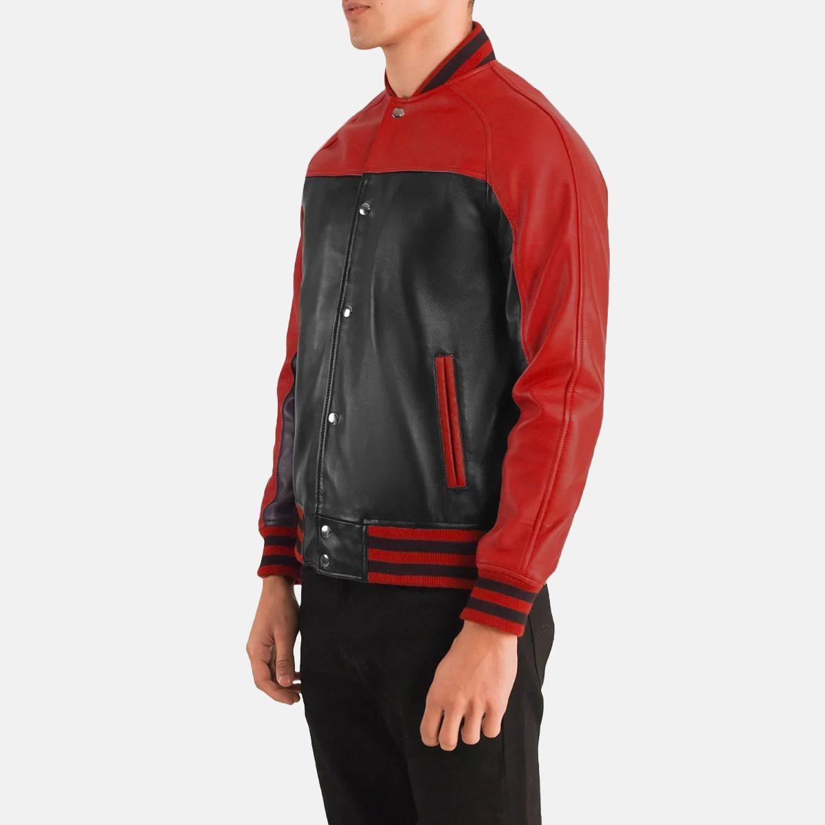 Men's Terrance Black & Red Leather Varsity Bomber Jacket