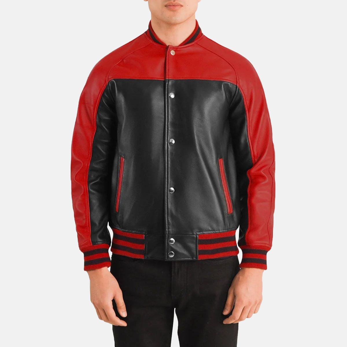 Men's Terrance Black & Red Leather Varsity Bomber Jacket