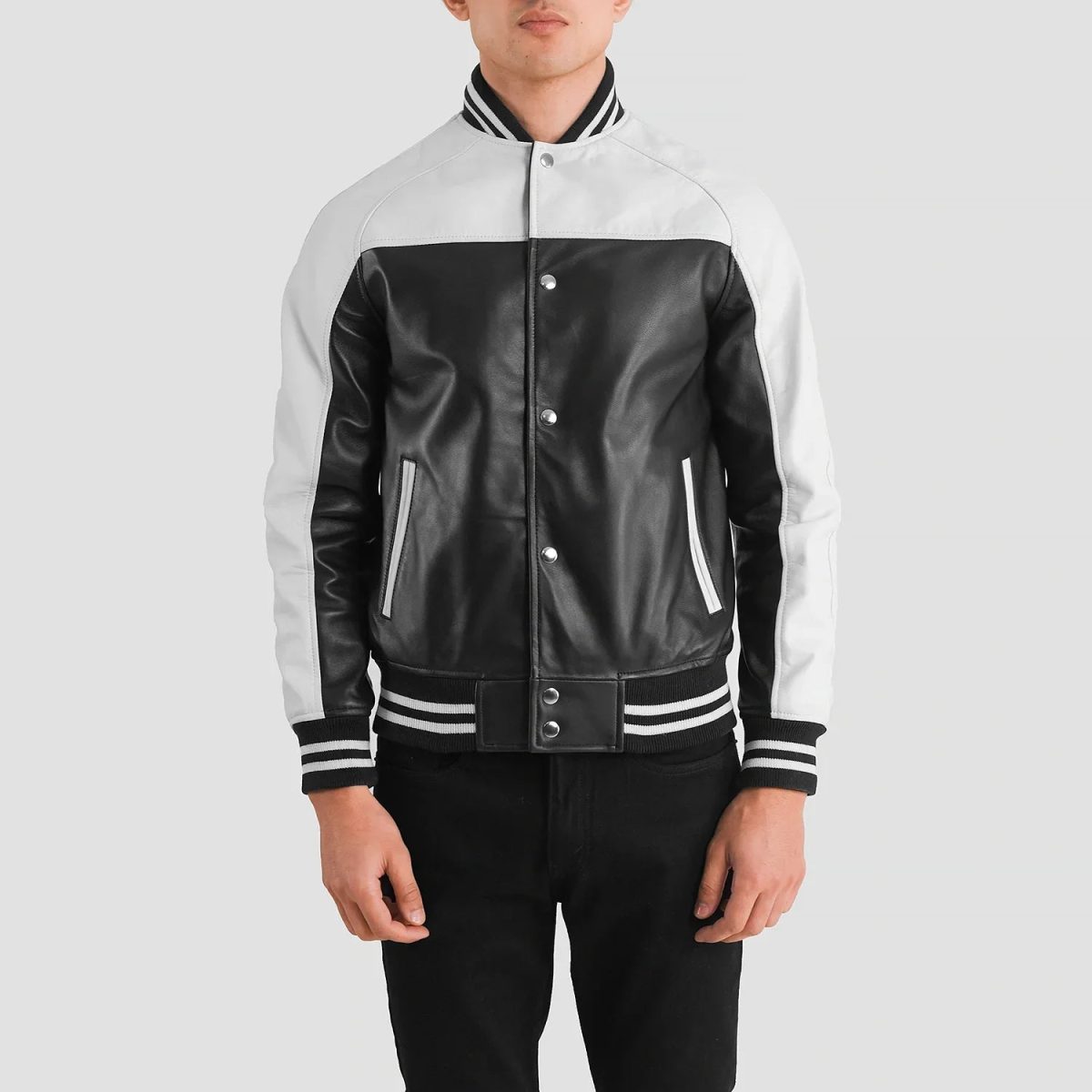 Men's Terrance Black & White Leather Varsity Bomber Jacket