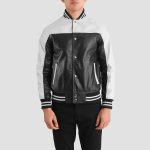 Men's Terrance Black & White Leather Varsity Bomber Jacket