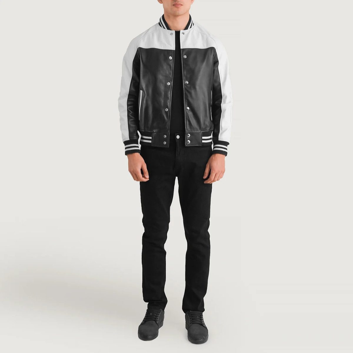 Men's Terrance Black & White Leather Varsity Bomber Jacket