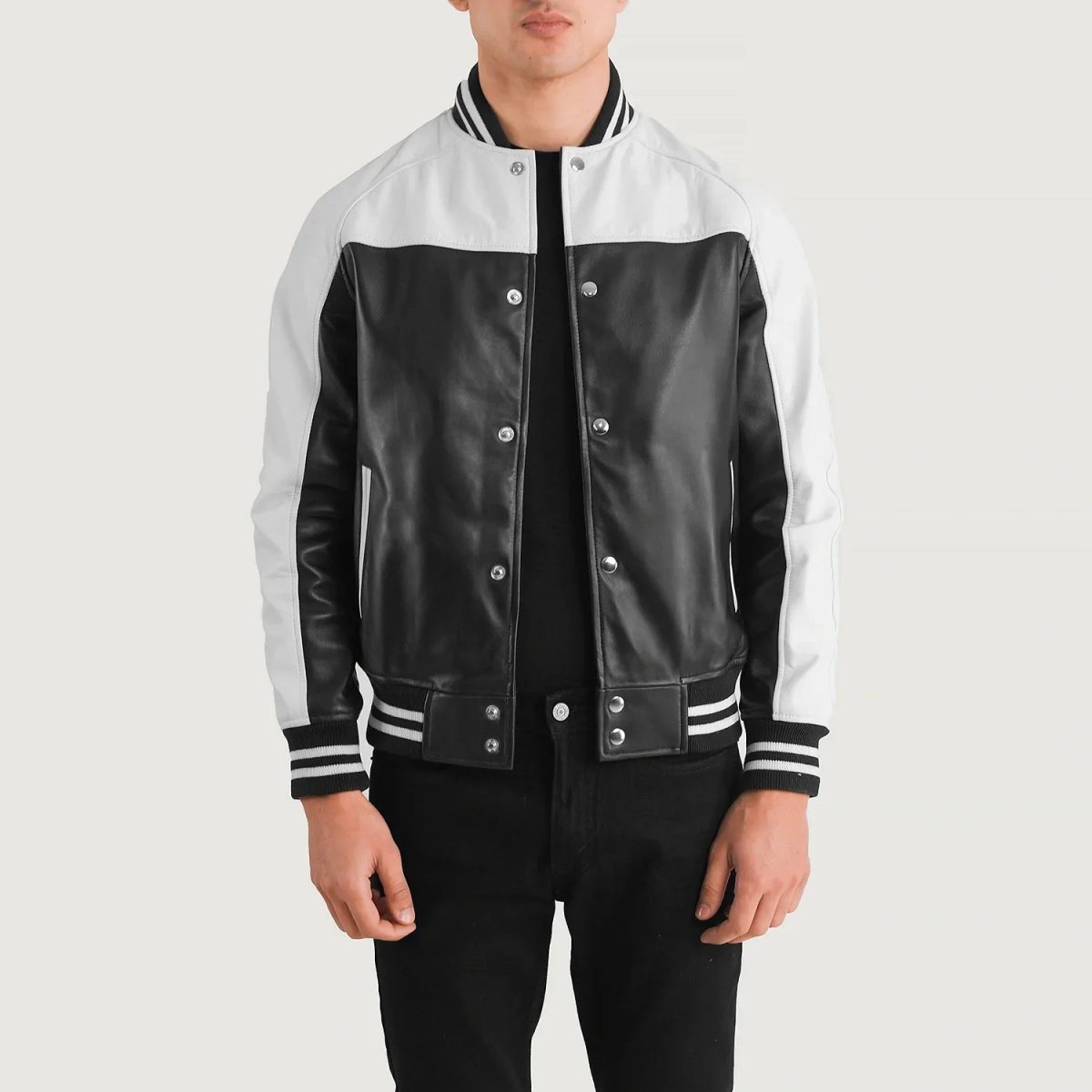 Men's Terrance Black & White Leather Varsity Bomber Jacket