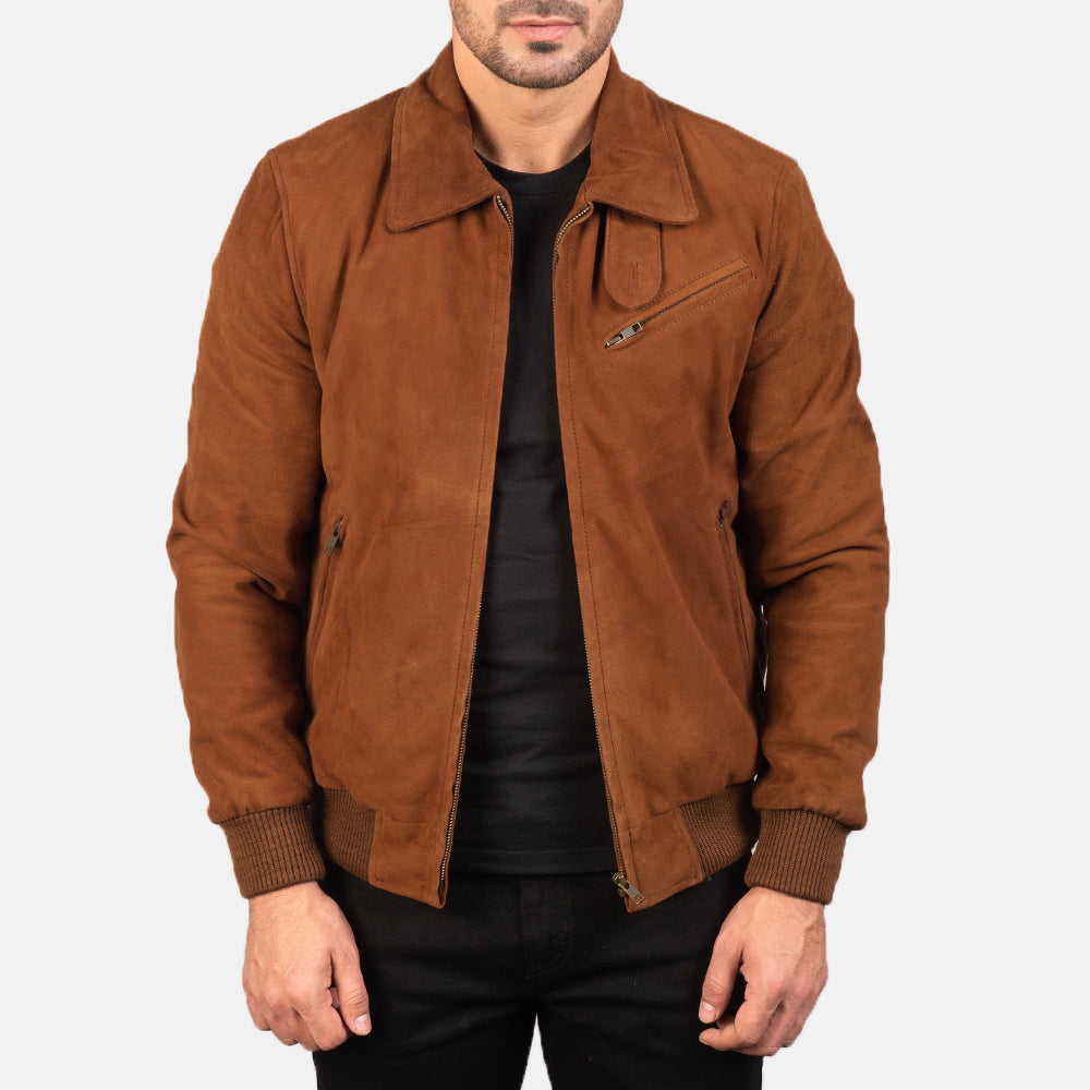 Men's Tomchi Tan Brown Suede Leather Bomber Jacket
