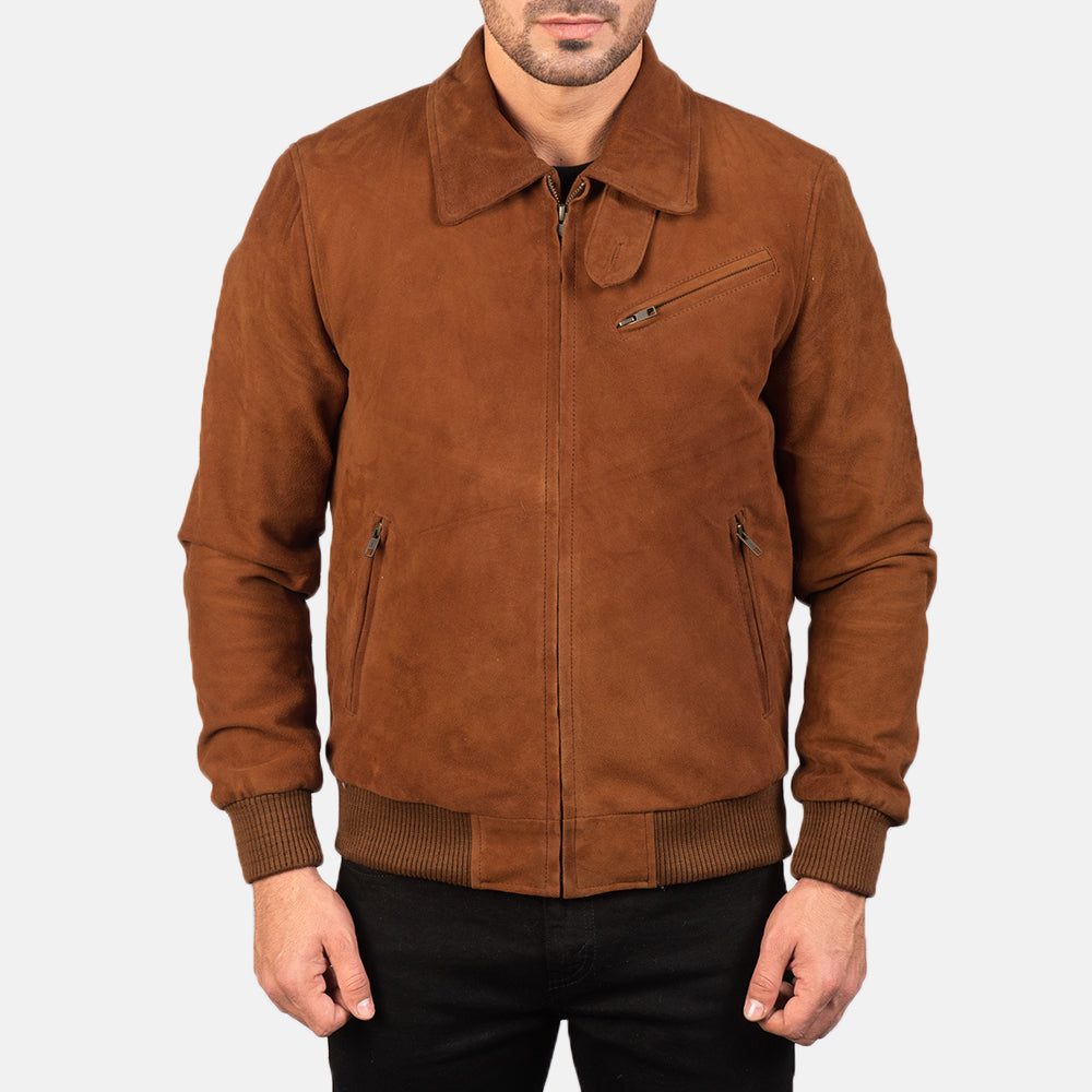 Men's Tomchi Tan Brown Suede Leather Bomber Jacket
