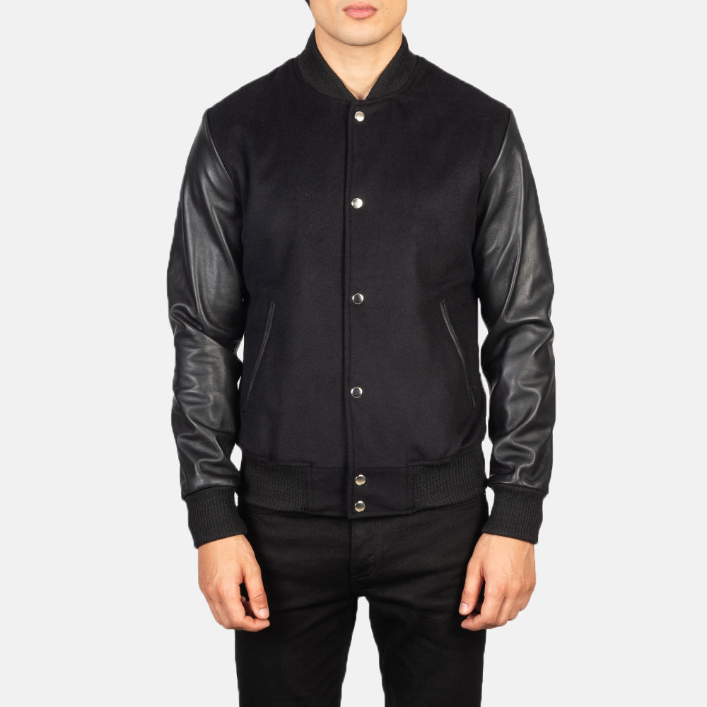 Men's Vaxton Black Hybrid Varsity Bomber Jacket