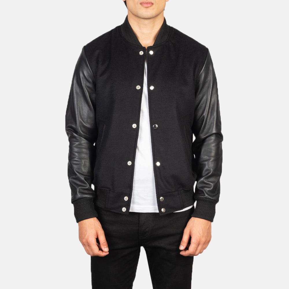 Men's Vaxton Black Hybrid Varsity Bomber Jacket