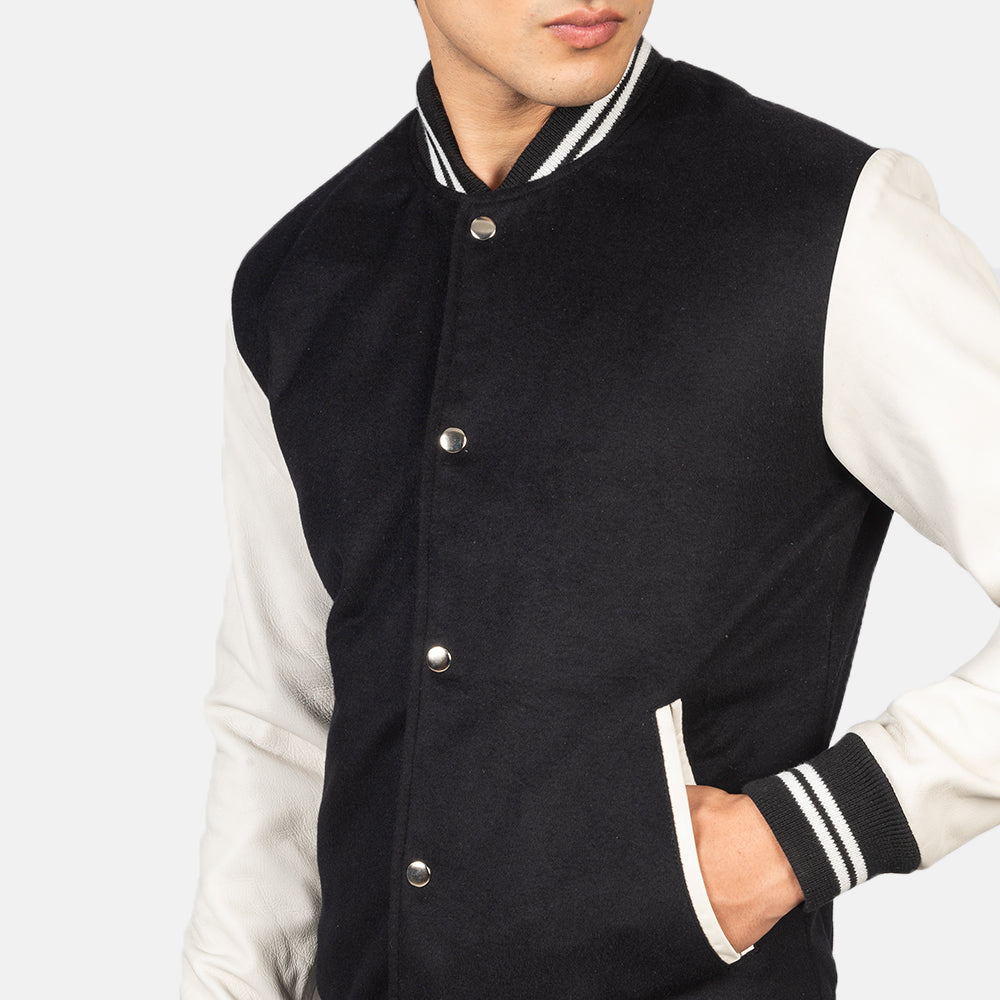 Men's Vaxton Black & White Hybrid Varsity Bomber Jacket