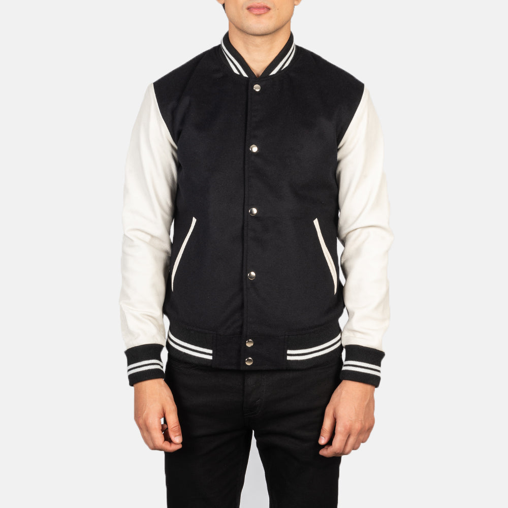 Men's Vaxton Black & White Hybrid Varsity Bomber Jacket