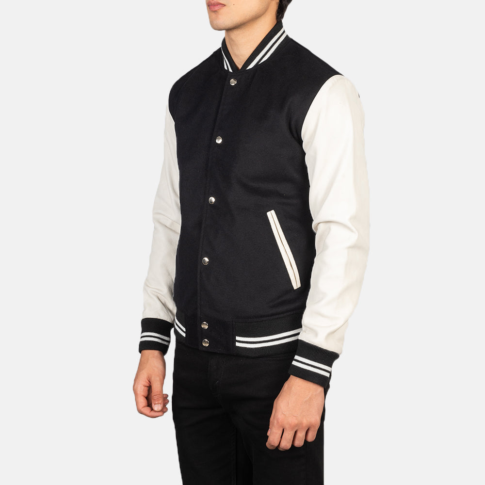 Men's Vaxton Black & White Hybrid Varsity Bomber Jacket