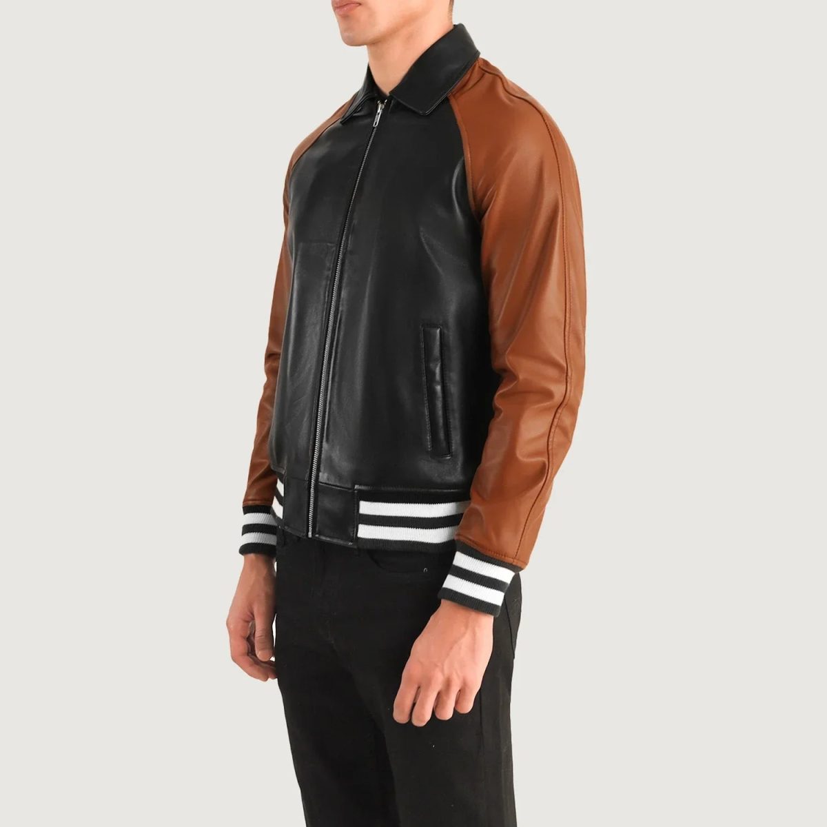 Men's Walton Black & Brown Varsity Bomber Leather Jacket