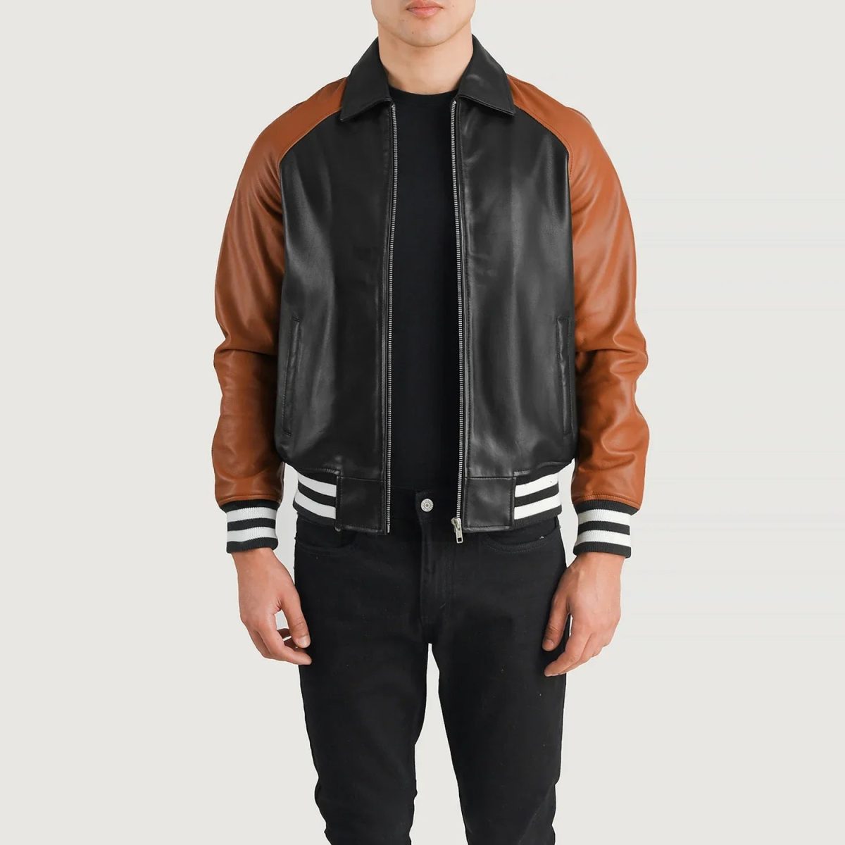 Men's Walton Black & Brown Varsity Bomber Leather Jacket