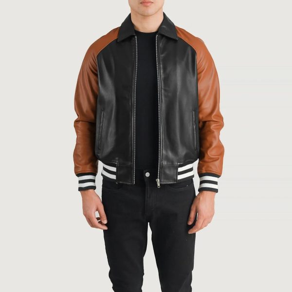 Men's Walton Black & Brown Varsity Bomber Leather Jacket