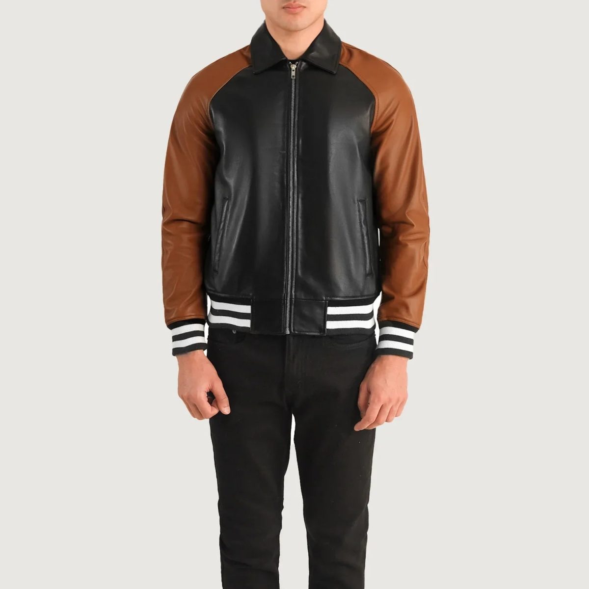 Men's Walton Black & Brown Varsity Bomber Leather Jacket