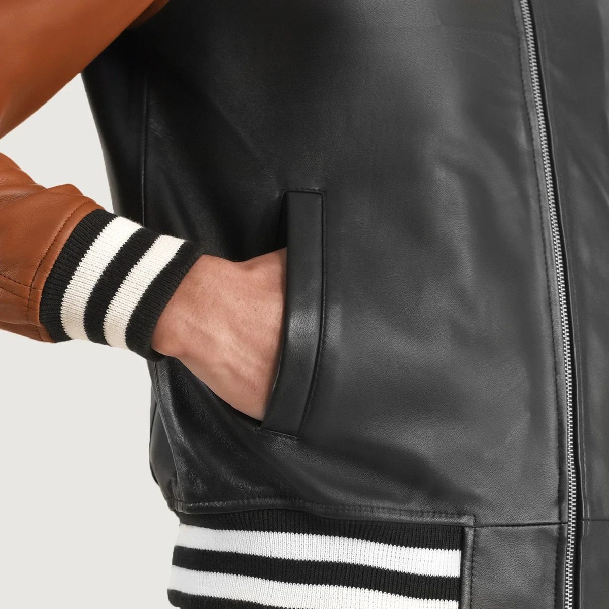 Men's Walton Black & Brown Varsity Bomber Leather Jacket