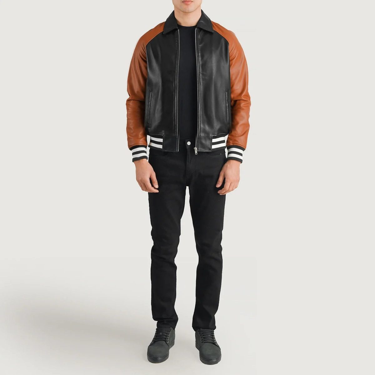 Men's Walton Black & Brown Varsity Bomber Leather Jacket