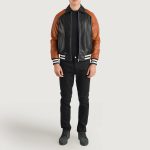 Men's Walton Black & Brown Varsity Bomber Leather Jacket