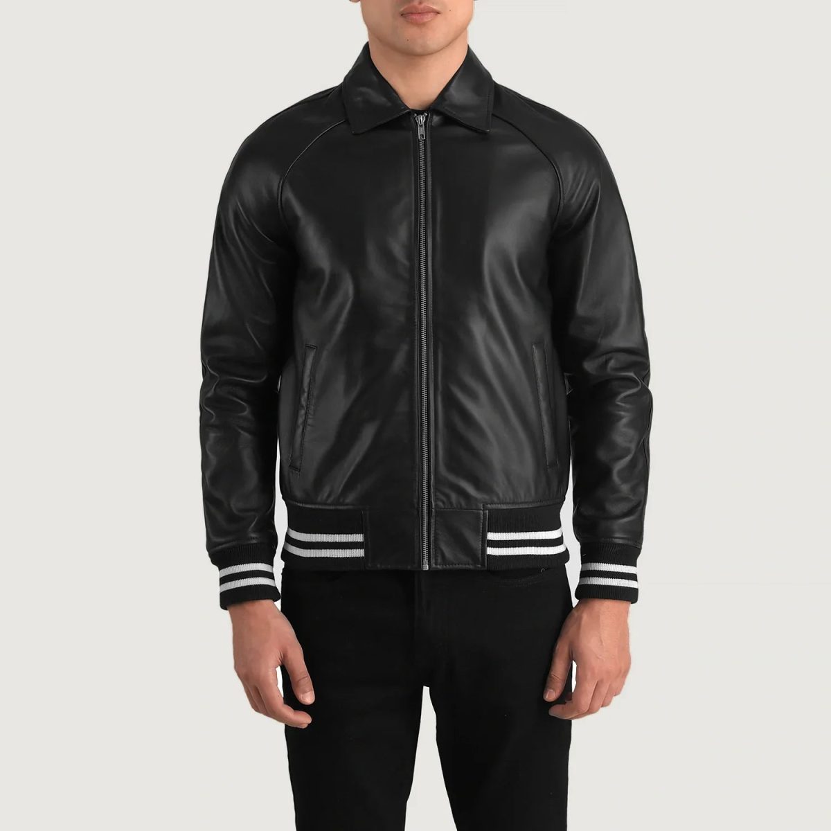Men's Walton Black Leather Varsity Bomber Leather Jacket