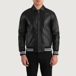Men's Walton Black Leather Varsity Bomber Leather Jacket