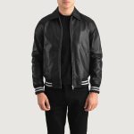Men's Walton Black Leather Varsity Bomber Leather Jacket