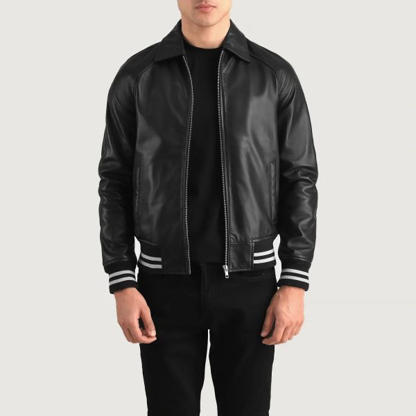 Men's Walton Black Leather Varsity Bomber Leather Jacket