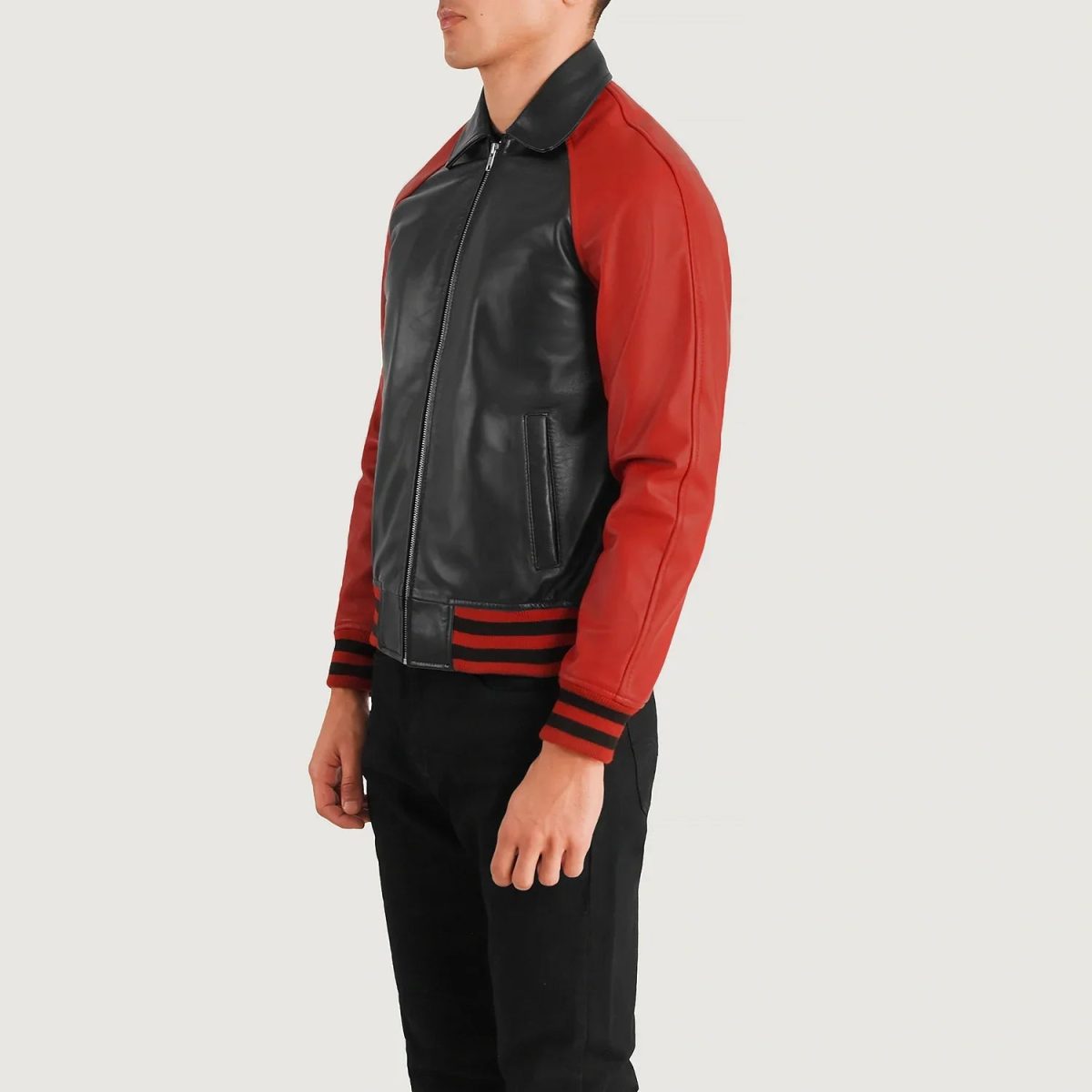 Men's Walton Black & Red Varsity Bomber Leather Jacket