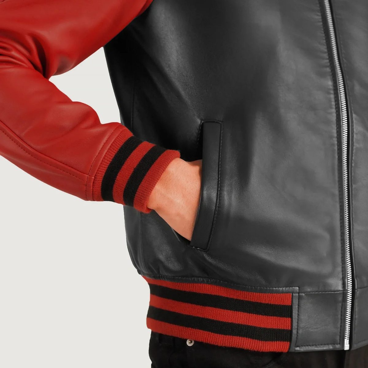 Men's Walton Black & Red Varsity Bomber Leather Jacket