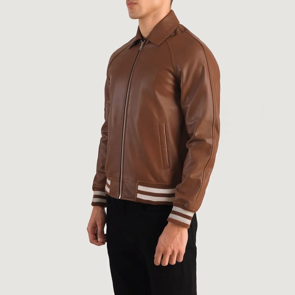 Men's Walton Brown Leather Varsity Bomber Leather Jacket