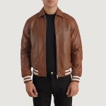 Men's Walton Brown Leather Varsity Bomber Leather Jacket
