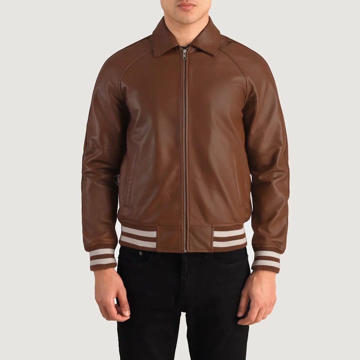 Men's Walton Brown Leather Varsity Bomber Leather Jacket