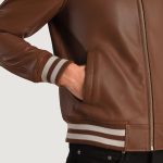 Men's Walton Brown Leather Varsity Bomber Leather Jacket