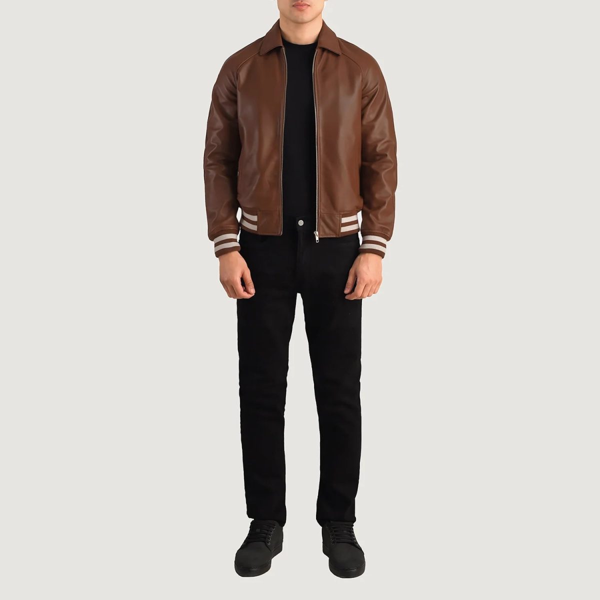 Men's Walton Brown Leather Varsity Bomber Leather Jacket