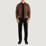 Men's Walton Brown Leather Varsity Bomber Leather Jacket
