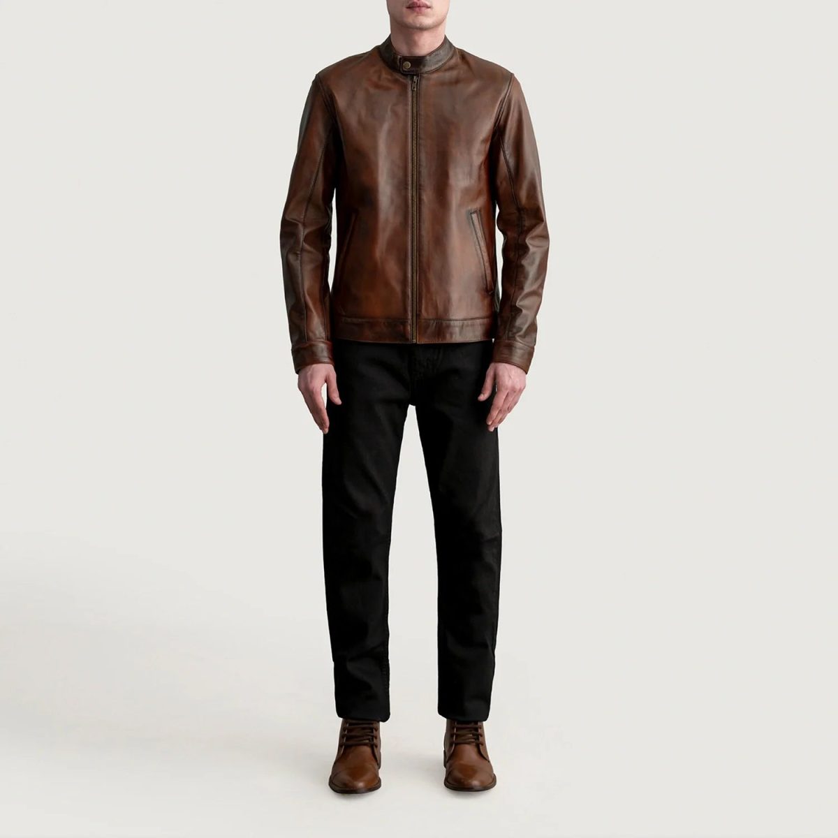 Men's Zen Distressed Brown Leather Biker Jacket